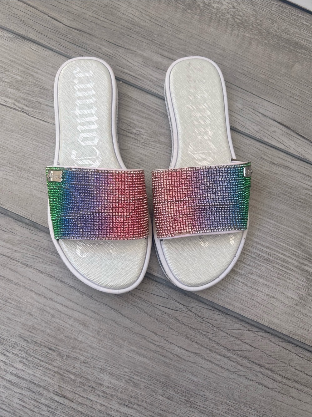 Juicy Couture Rainbow Crystal Strap Slide Sandals - White